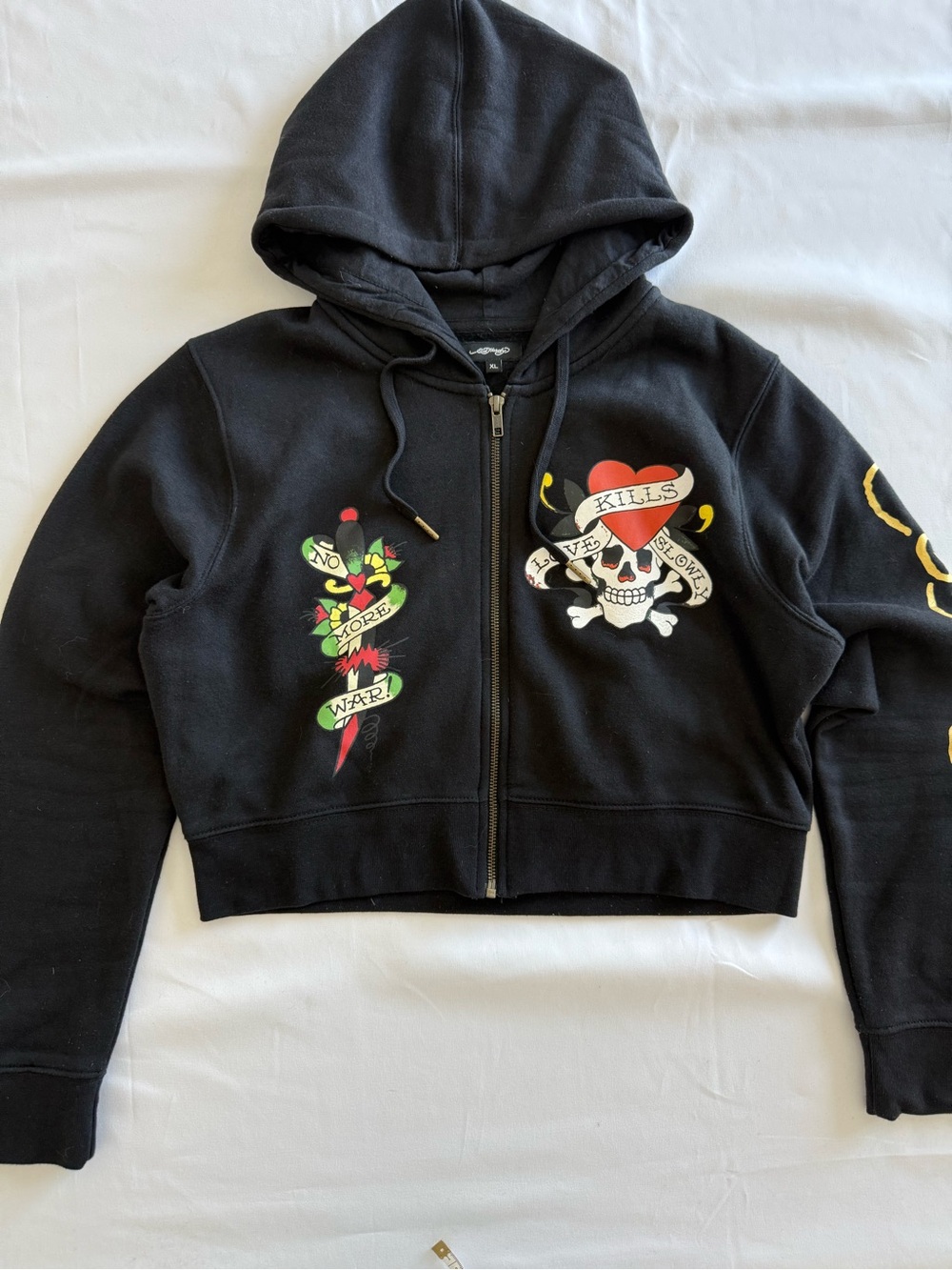 Ed Hardy Black Cropped Zip Hoodie with Colorful Tattoo Graphics - Picture 4 of 11